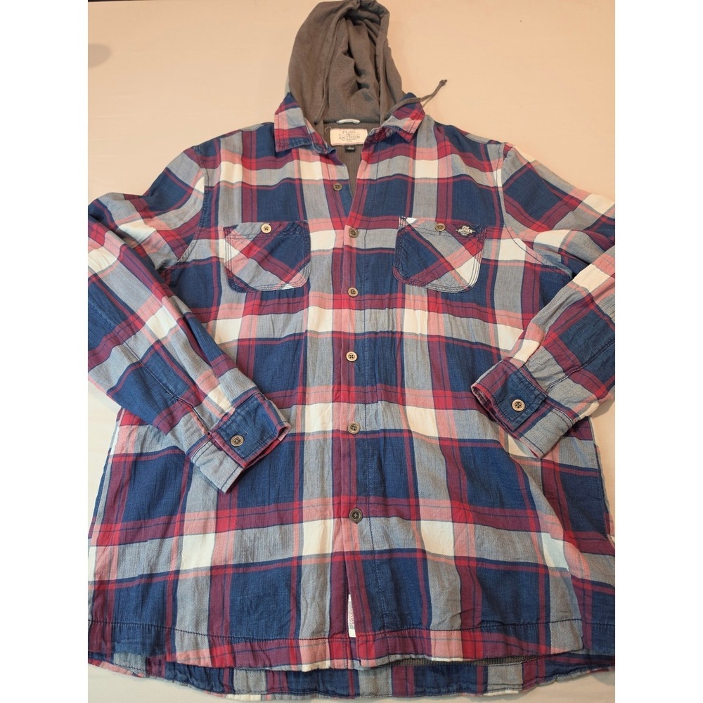 Flag & Anthem Mens L Hooded Flannel Shirt Jacket Plaid Thermal Lined Red Blue